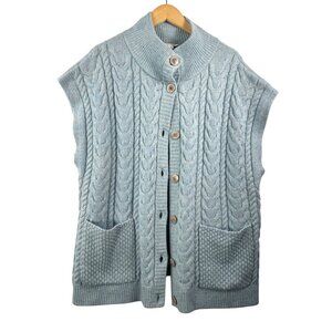 White Stuff chunky cable knit lambswool blend relaxed button cardigan blue 90s X